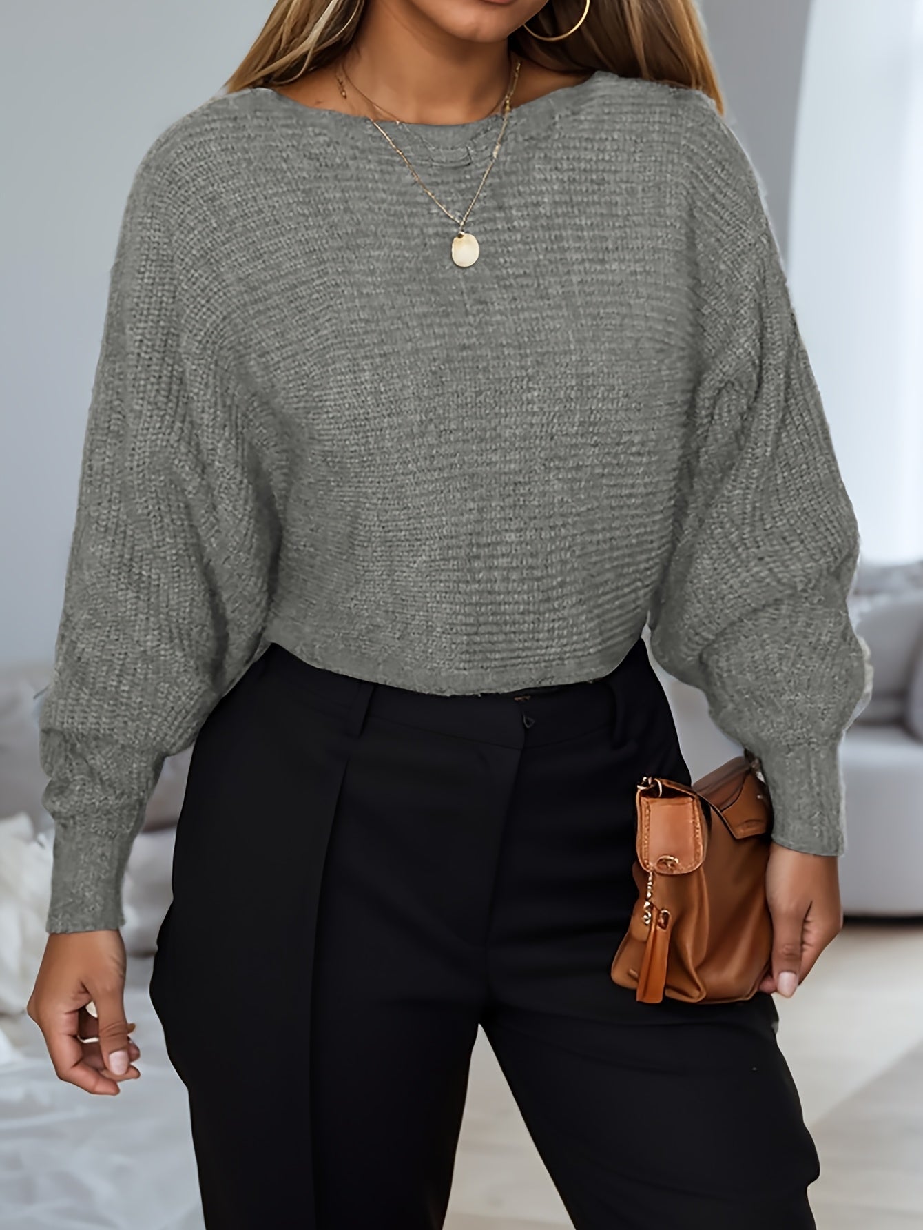 Women'S Elegant Solid Color Crew Neck Sweater with Tie Back Batwing Sleeves, 100% Acrylic Knit Fabric, Long Sleeve Top for Spring/Fall Season
