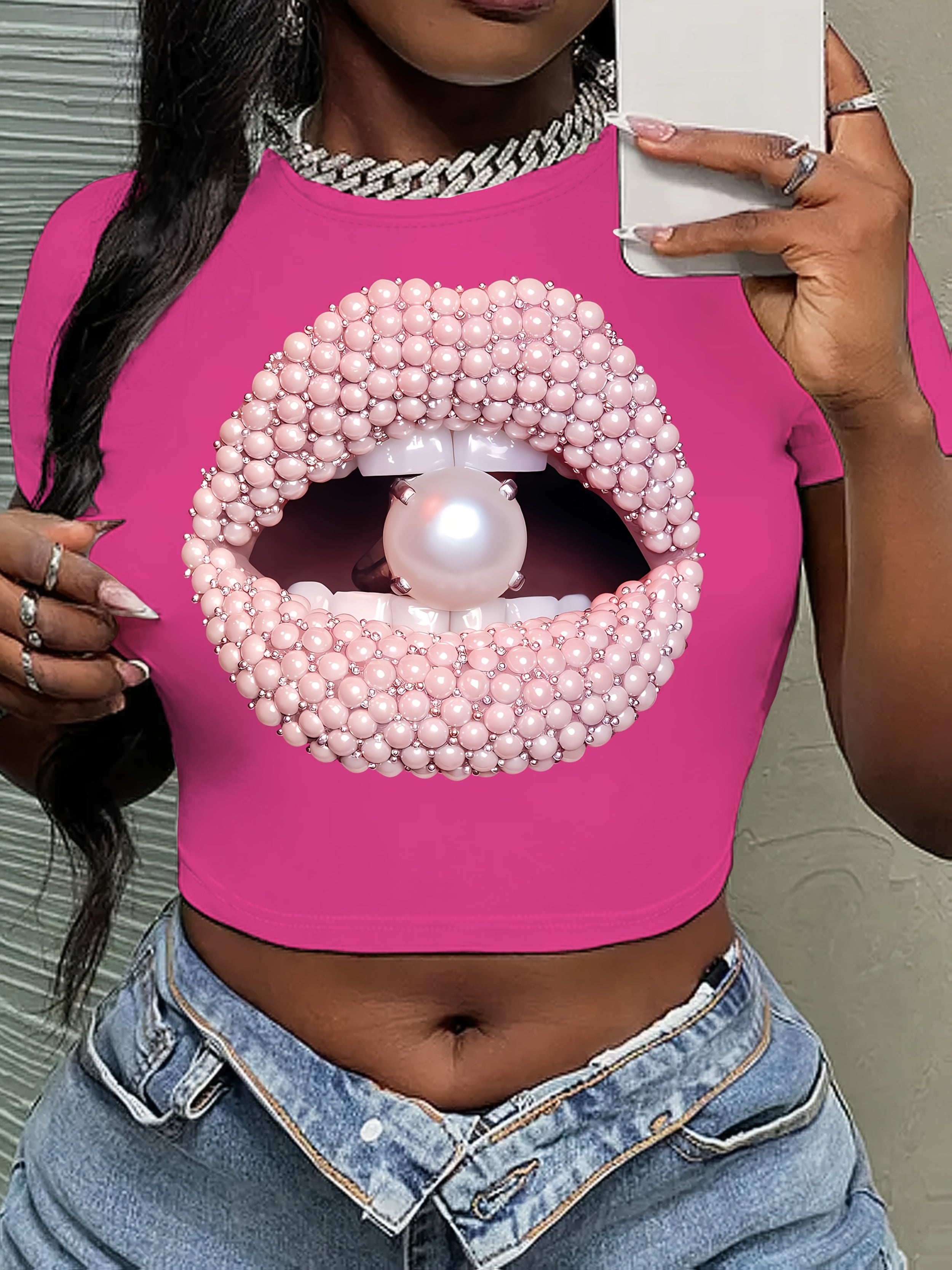 Y2K Short Sleeve Crew Neck Polyester Knit Fabric Medium Stretch T-Shirt, Regular Length, All Season, with Lips & Pearl Pattern, for Women