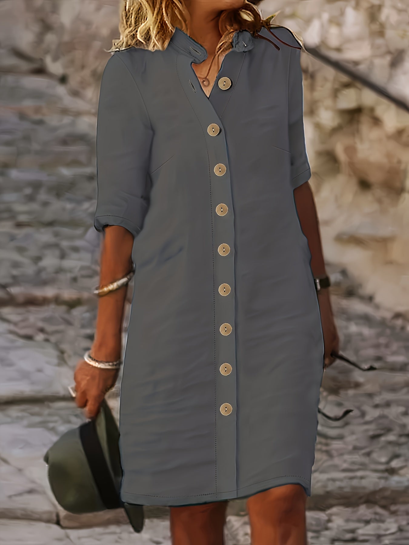 Women's Navy Blue Casual Shirt Dress - Single-Breasted Collar, Half Sleeve, Straight Cut, Machine Washable, Spring/Fall Fashion