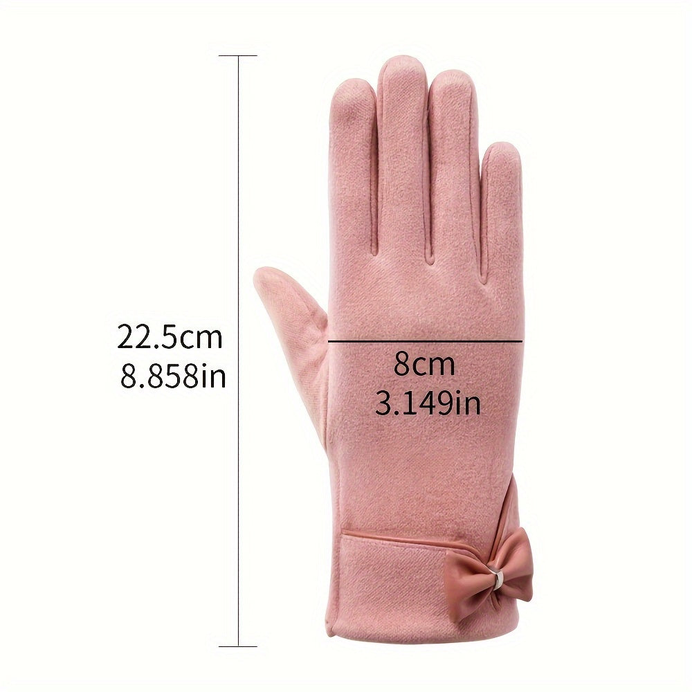 Winter Velvet-Lined Touchscreen-Compatible Wrist-Length Mitts with Chic Bow Accent for Women, Suitable for Ages 15+, 100% Acrylic, Woven