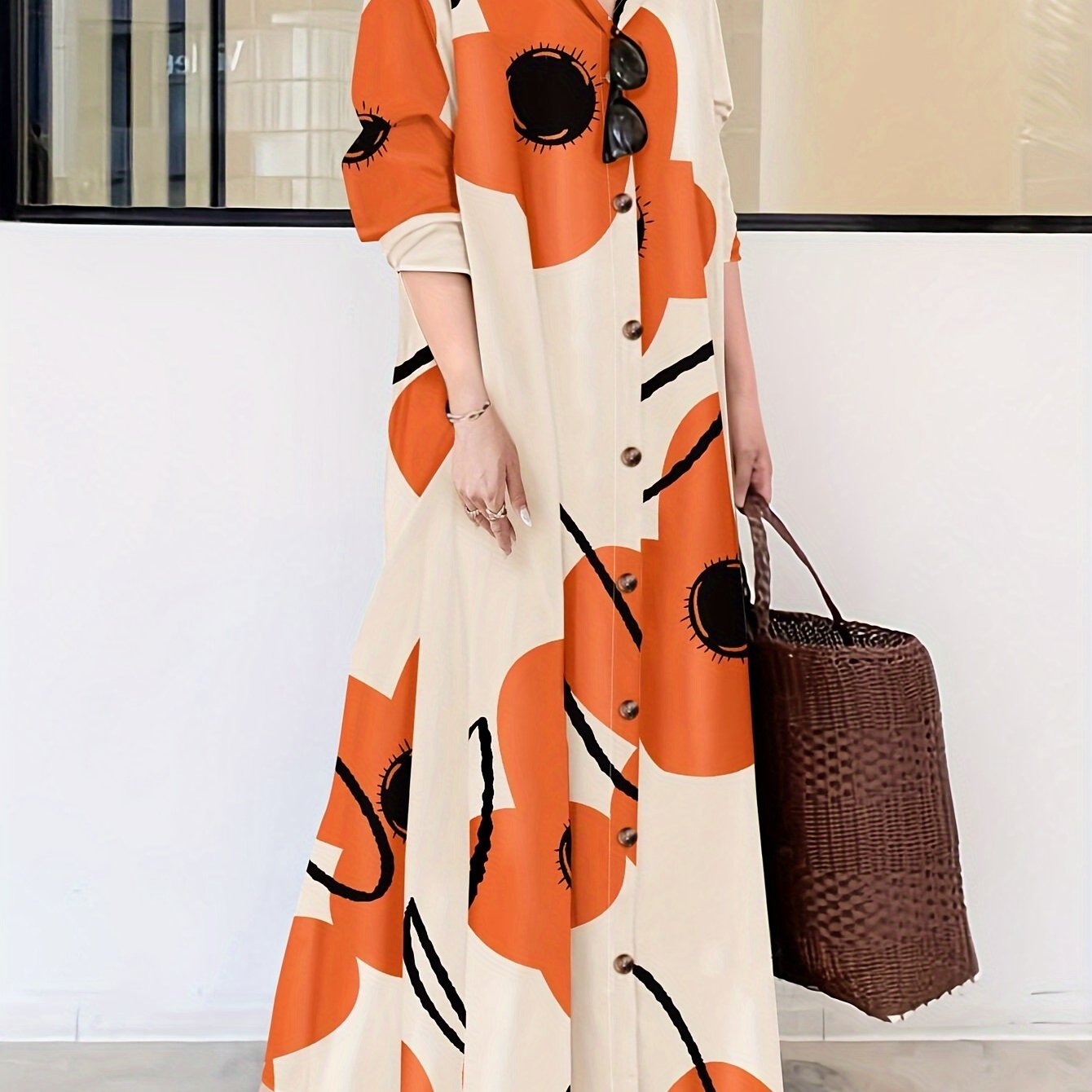 Elegant Floral Print Button-Up Long Dress - Casual Long Sleeve, Loose Fit with Lapel Collar for Women, Elegant Style, Four Seasons