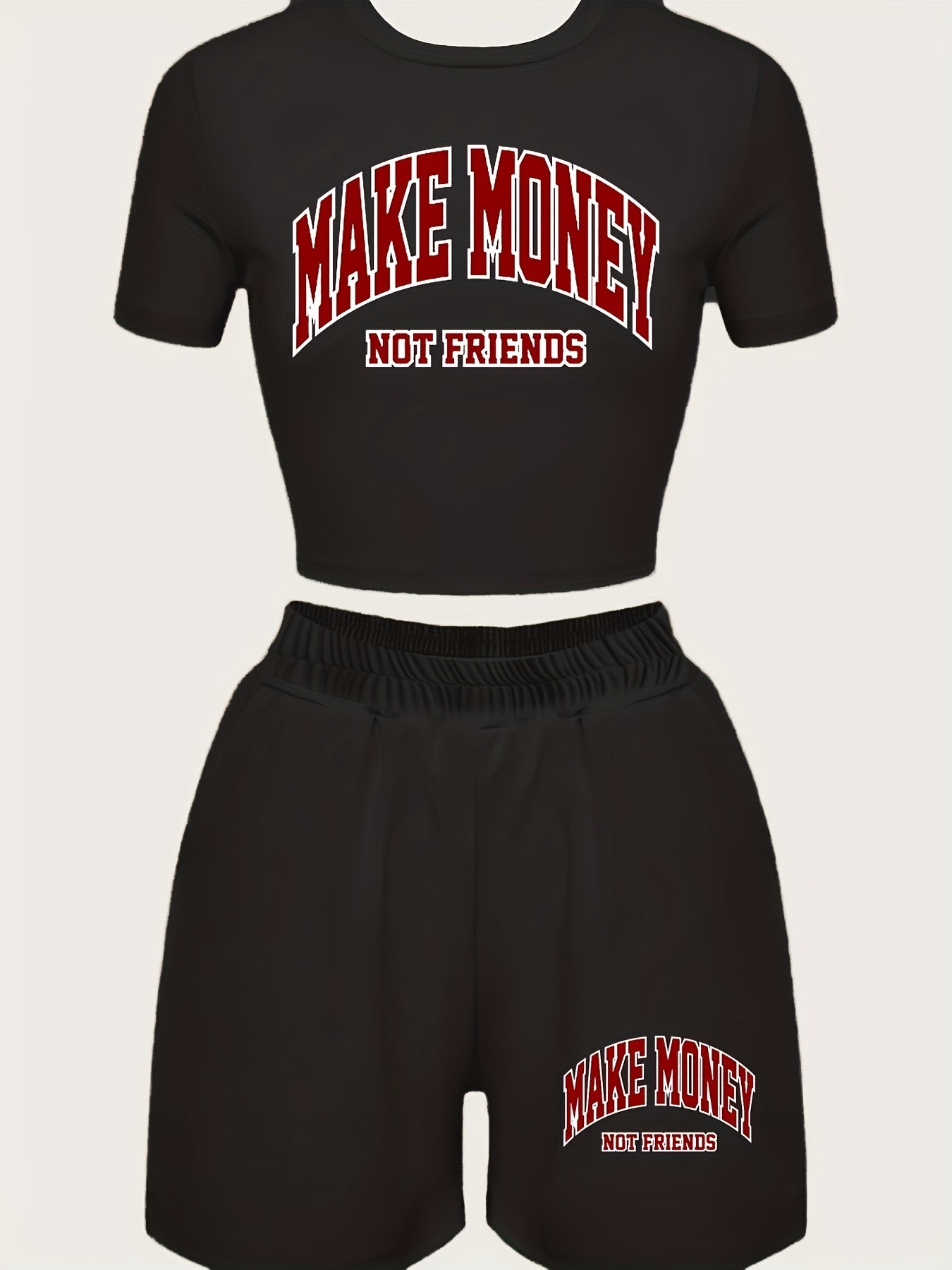 [Two-piece Make Money Print Set] Make Money Print T-shirt & Shorts Two-piece Set, Cropped Short Sleeve T-shirt & Elastic Waist Loose Shorts Set, Women's Clothing