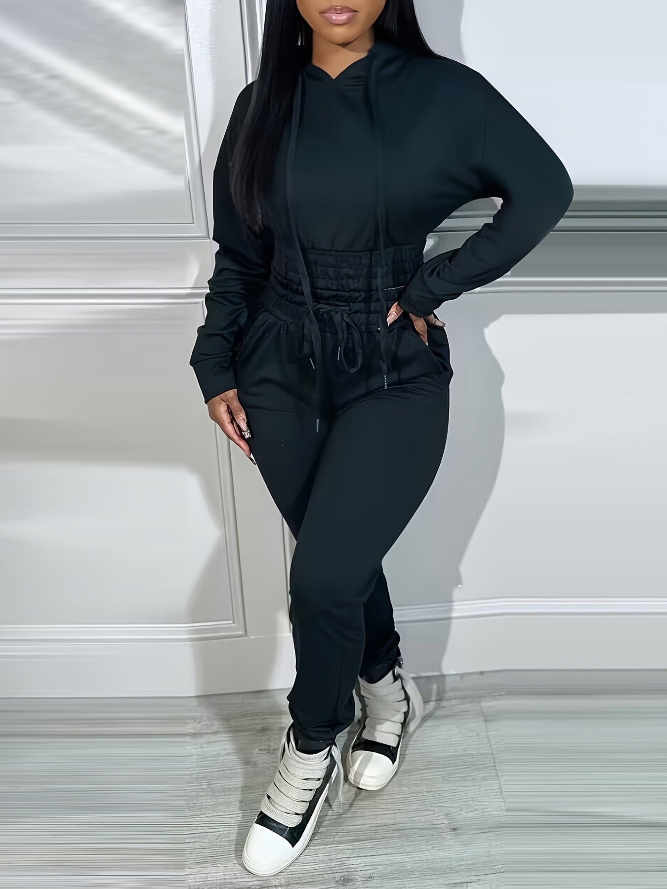 Two-piece Long Sleeve Kangaroo Pocket Drawstring Hoodie & High Waist Drawstring Jogger Pants, Casual Solid Color Women's Clothing Set