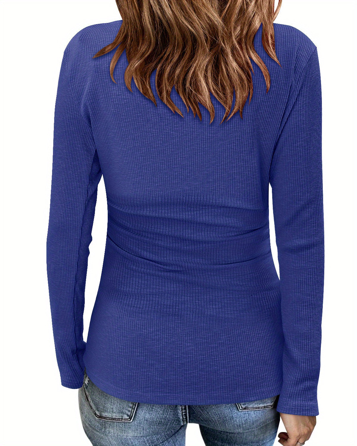 Women'S Basic Long-Sleeved Jumpsuit, Lapel Casual Shirt, Cute Crew Neck Ribbed Shirt