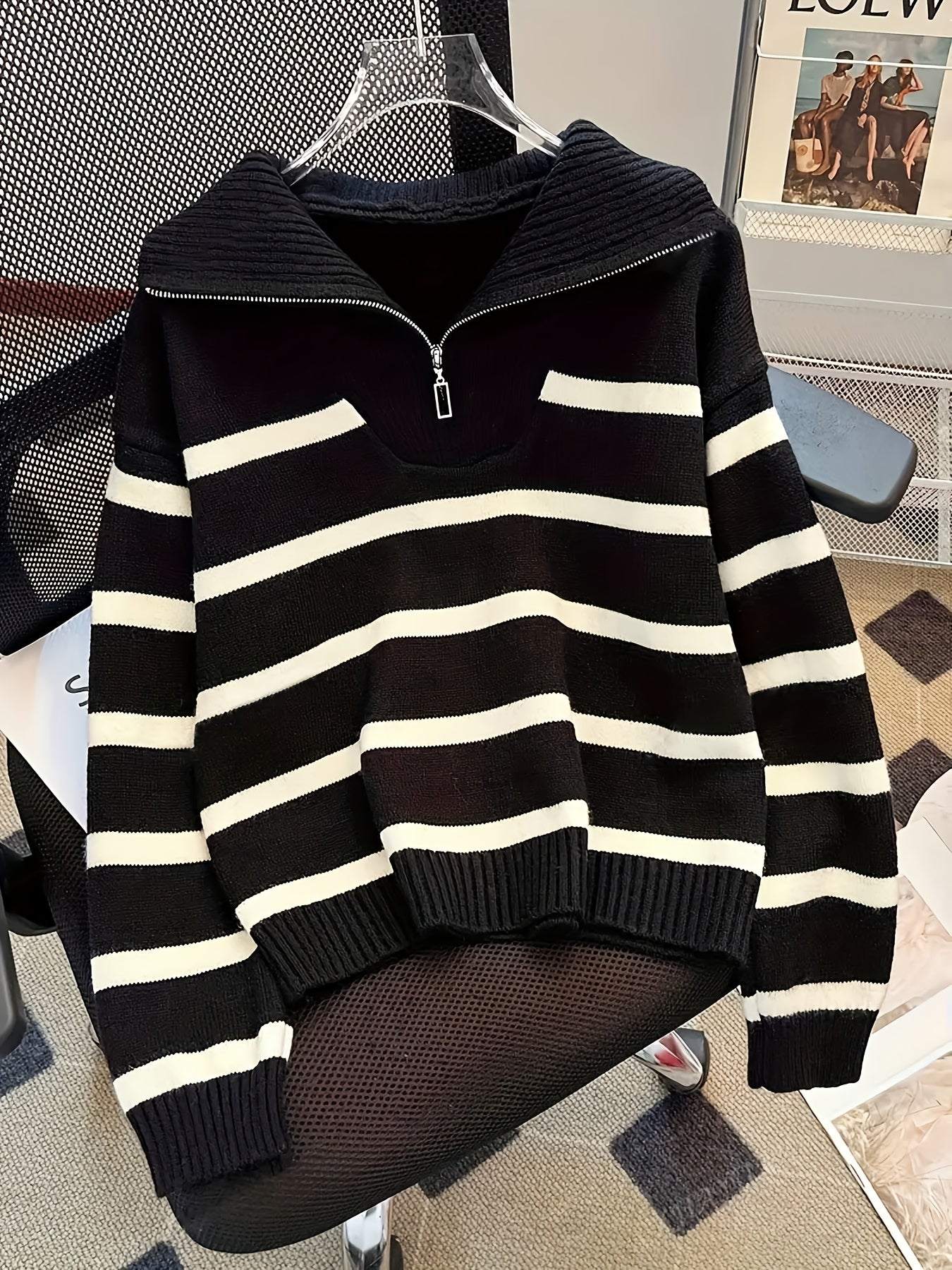 Soft Touch, Chic Striped Zip-Up Sweater for Women - Cozy & Thick, Perfect for Spring/Fall, Machine Washable