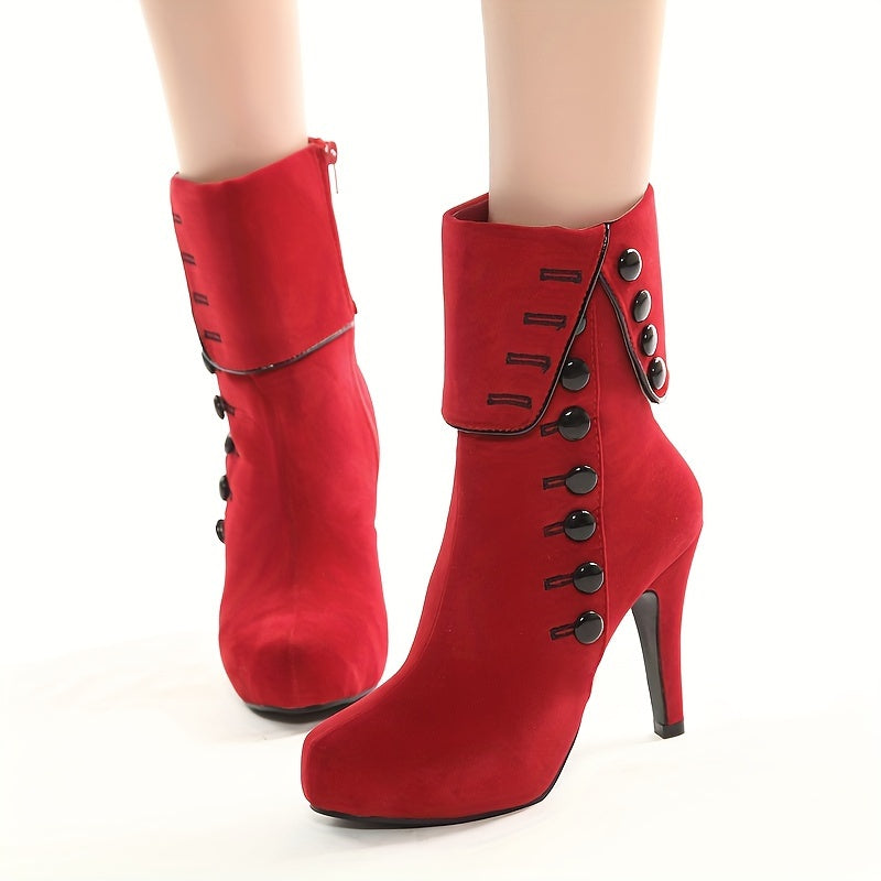 Women's Solid Color High Heel Winter Boots - Trendy Side Zipper Platform Buckle Decor Fold Over Design, Slim Fit, Perfect for Cold Weather