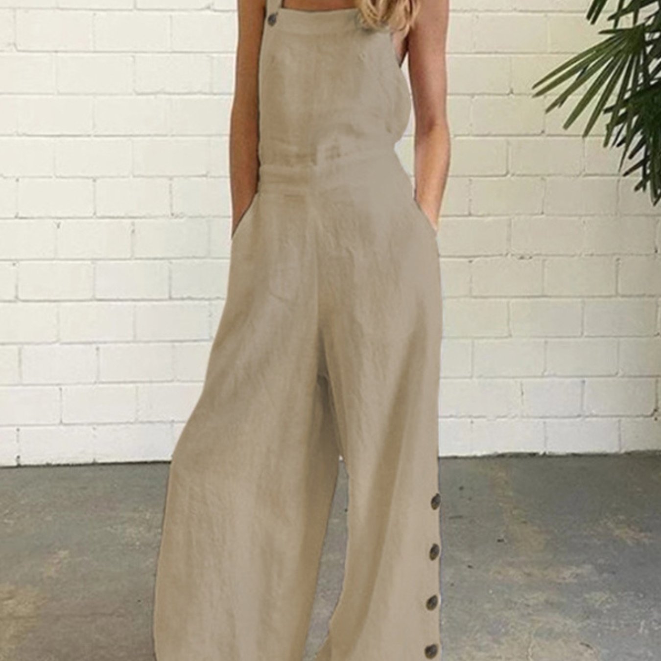 Women'S Elegant Wide Leg Jumpsuit - Solid Color Square Neck Sleeveless Pants with Pockets, Casual Summer Overalls for Adults, Light Gray, Casual Summer Wear | Casual Jumpsuit | Fabric Jumpsui