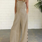 Women'S Elegant Wide Leg Jumpsuit - Solid Color Square Neck Sleeveless Pants with Pockets, Casual Summer Overalls for Adults, Light Gray, Casual Summer Wear | Casual Jumpsuit | Fabric Jumpsui