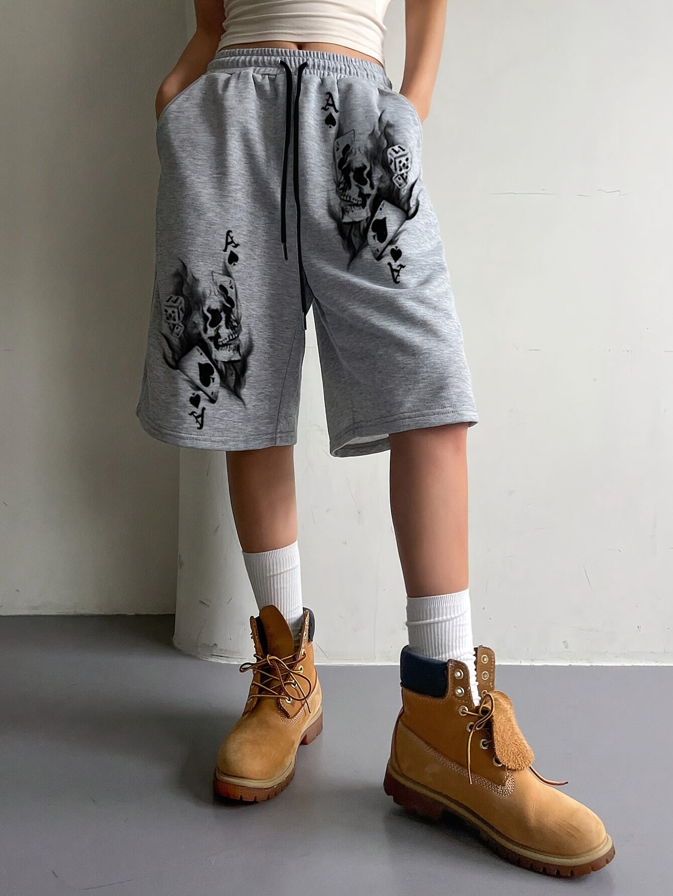 Women's Stylish Skull Print Drawstring Shorts - Light Gray Casual Knit Mid-Thigh Length with Elastic Waistband, Perfect for Spring/Summer/Fall, Cute Shorts