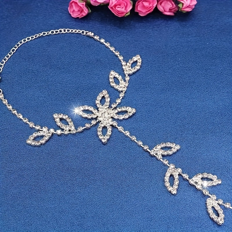 1. Gorgeous Silvery Plated Sparkling Rhinestone Decoration Leaf Shaped Toe Chain, Bride Ankle Chain Bracelet, Suitable For Women'S Banquets And Parties, Beach Ankle Chain Barefoot Accessories