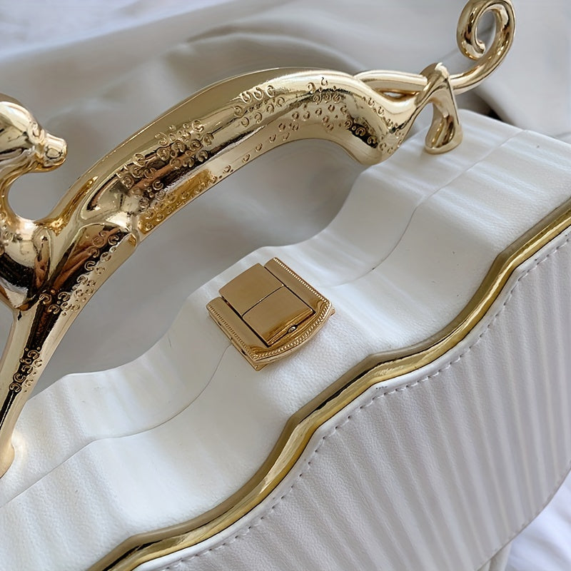 Stylish White Clip-On Bag with Golden Chain Strap - Elegant Kiss Lock Design, Detachable Shoulder Strap, Perfect for Everyday Use