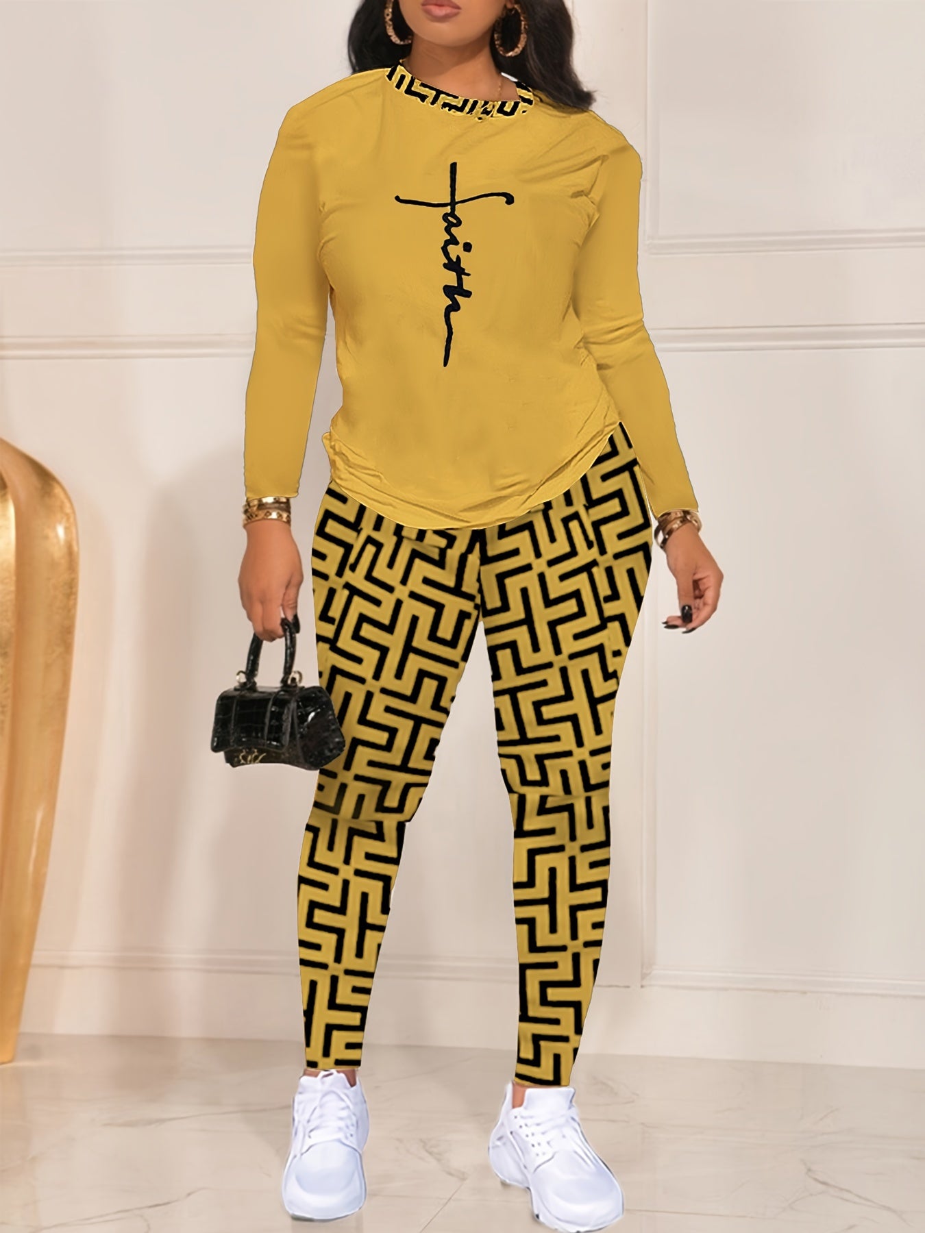 Chic Geo Print Women's Outfit - Casual Long Sleeve Top & Pants Set, Stretchy Polyester Blend, Machine Washable - For Women - Perfect for Everyday Wear  - Great Gift for Fashionable Ladies