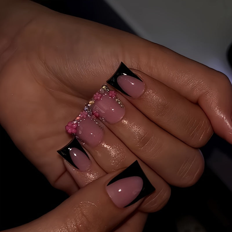 Free 4pcs of jelly glue and 4pcs of nail file in 4 boxes, 96pcs of European and American press-on wear nails, gorgeous sweet cool French sparkling diamond flowers, stripes, three-dimensional cherry, wave, clashing color, squa