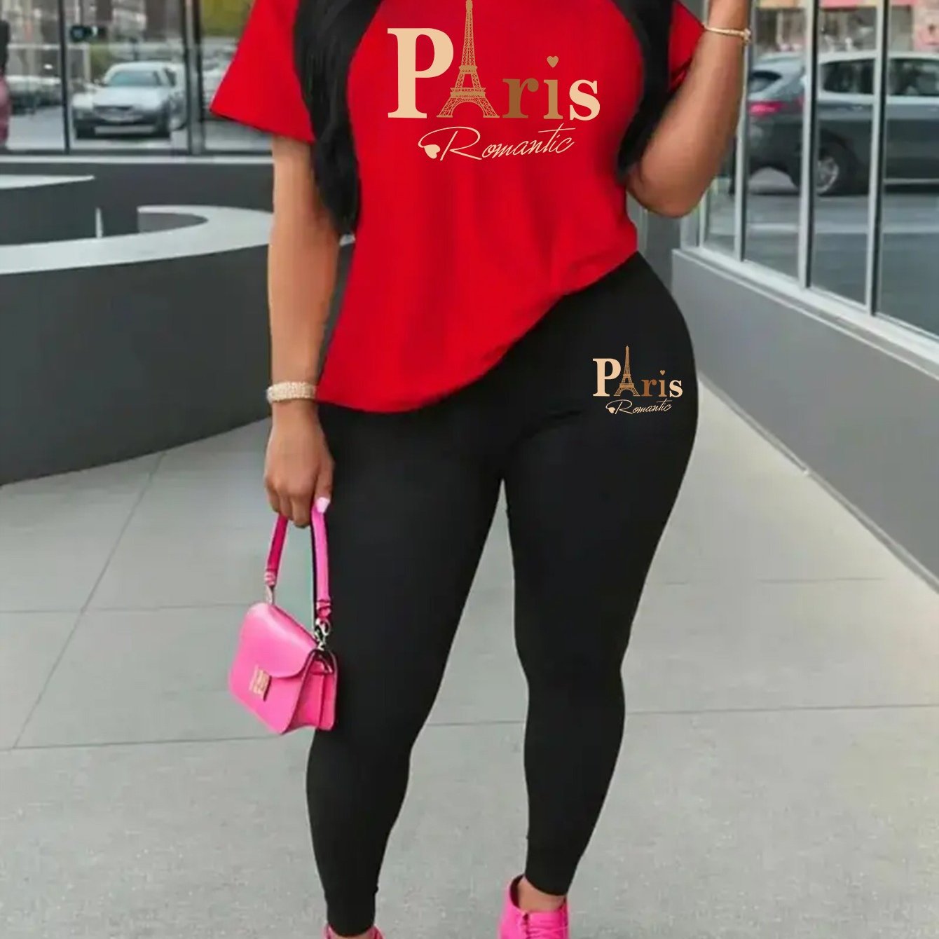 Eiffel Tower Paris-Inspired Women's Casual Outfit - Comfy Short Sleeve Tee & Stylish Pants Set, Machine Washable