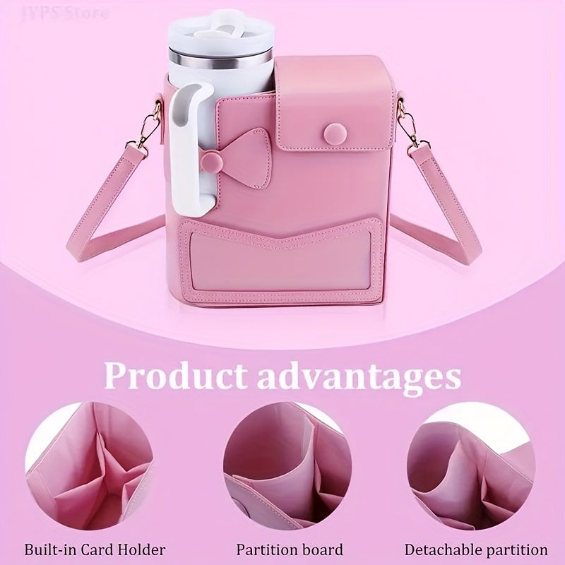 Pink Water Bottle Carrier with Adjustable Strap & Bow Detail - Stylish, Durable, and Water-Resistant for Outdoor Adventures, Outdoor Hydration Accessory | Feminine Touch Design | Functional Fashion