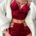 2pcs Hollow Solid Color Gold Metal Heart Pajamas Set, Adjustable Halter Suede Sexy Top & Shorts, Women's Autumn & Winter Elegant Pajamas & Nightwear Set