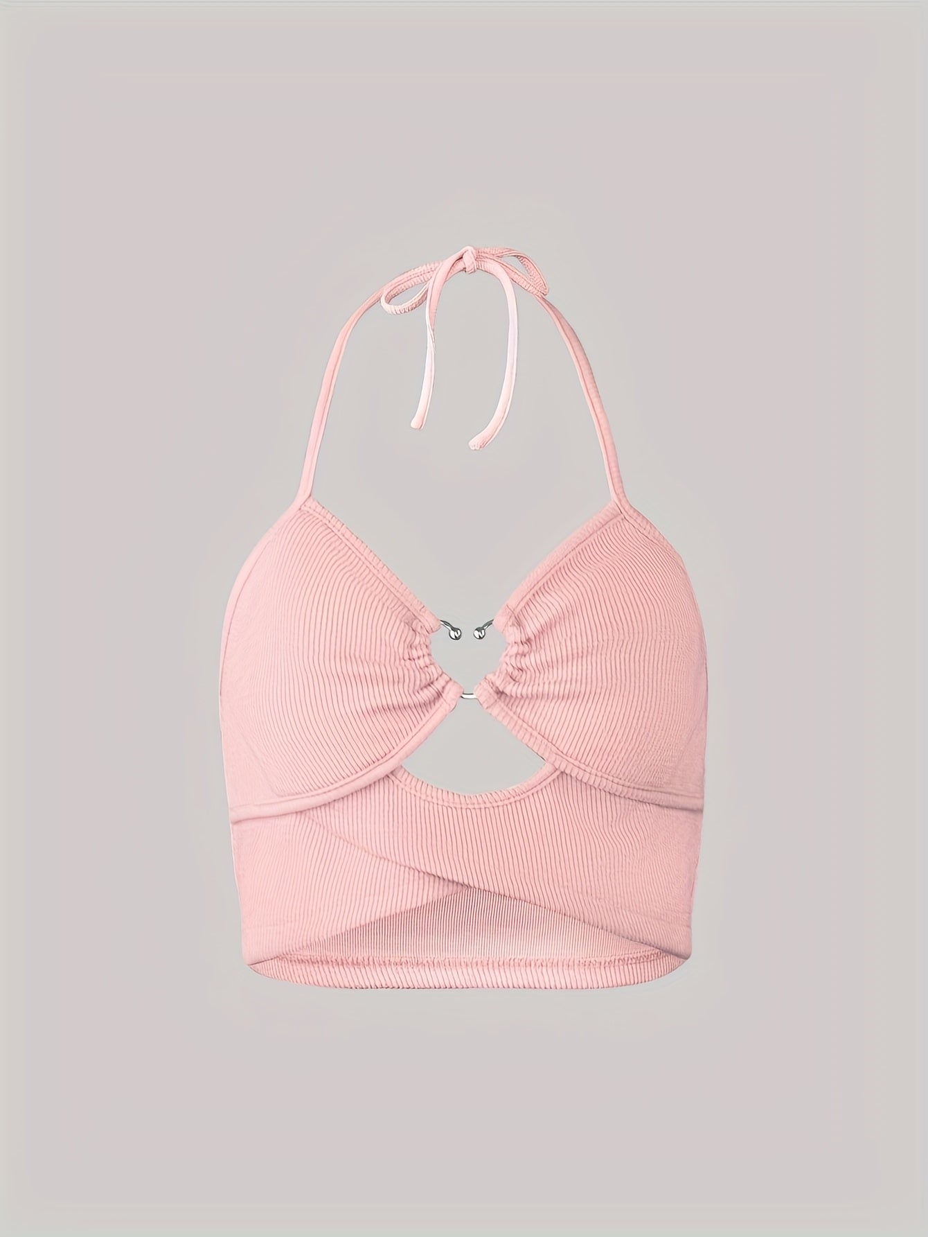 Stylish Heart-Shaped Cutout Halter Neck Crop Top - Soft Pink, Medium Elasticity, Machine Washable, Perfect for Casual Outings & Beach Vacations