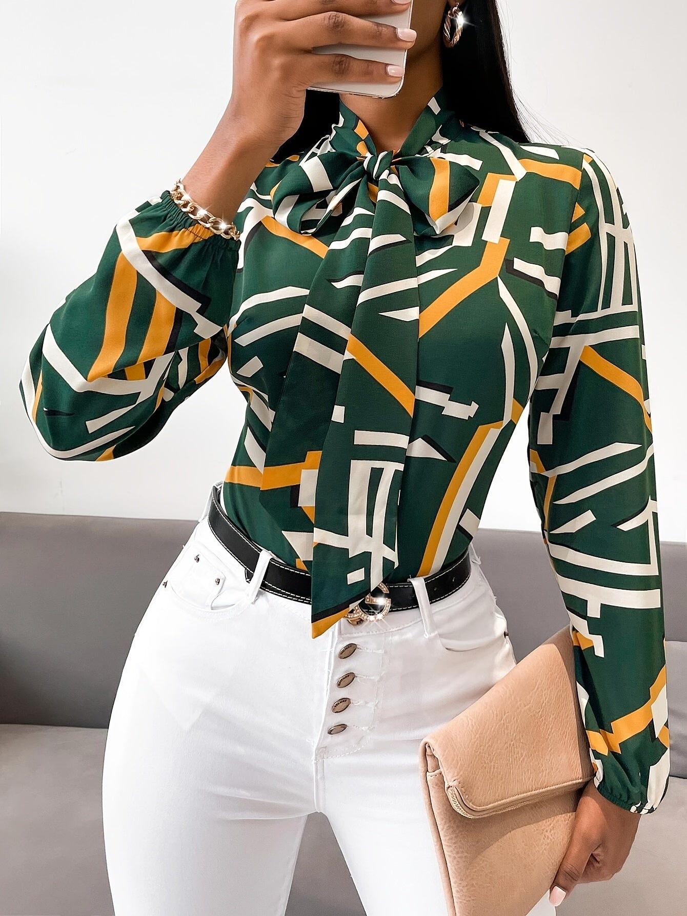 Geo Print Tie Neck Blouse, Elegant Long Sleeve Blouse For Spring & Fall, Women's Clothing