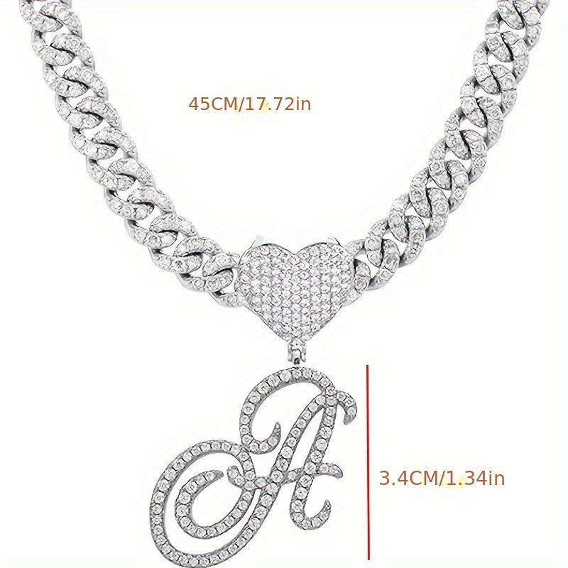 Silvery Cuban Link Necklace - Heart-shaped Alphabet Pendant on Ice Chain - Unisex Hip-hop Jewelry Gift
