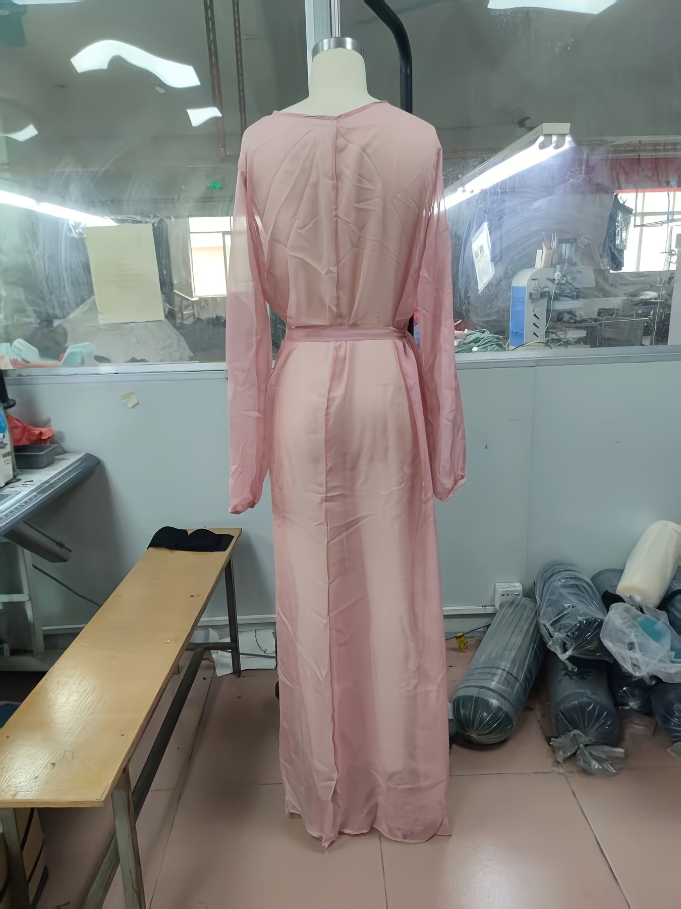 Women'S Elegant Pink Long Cover-Up Dress with V-Neck and Belted Waist - Perfect for Beach and Holiday Attire, Beach Coverup|Vneck Coverup|Nonstretch Fabric