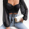 Drawstring Sweetheart Neck Crop Top, Casual Illusion Lantern Sleeve Top For Spring & Fall, Women's Clothing