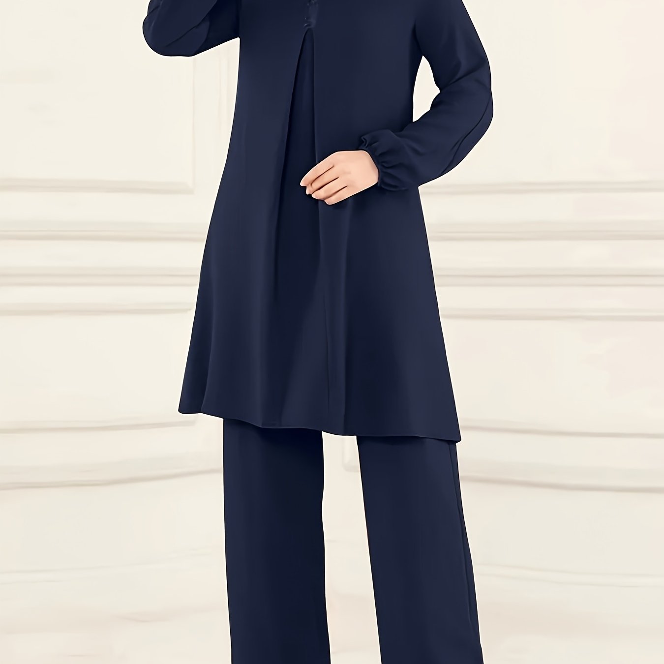 Ramadan Elegant Solid Muslim Two-piece Set, Long Sleeve Crew Neck Top & Straight Leg Pants Outfits, Women's Clothing