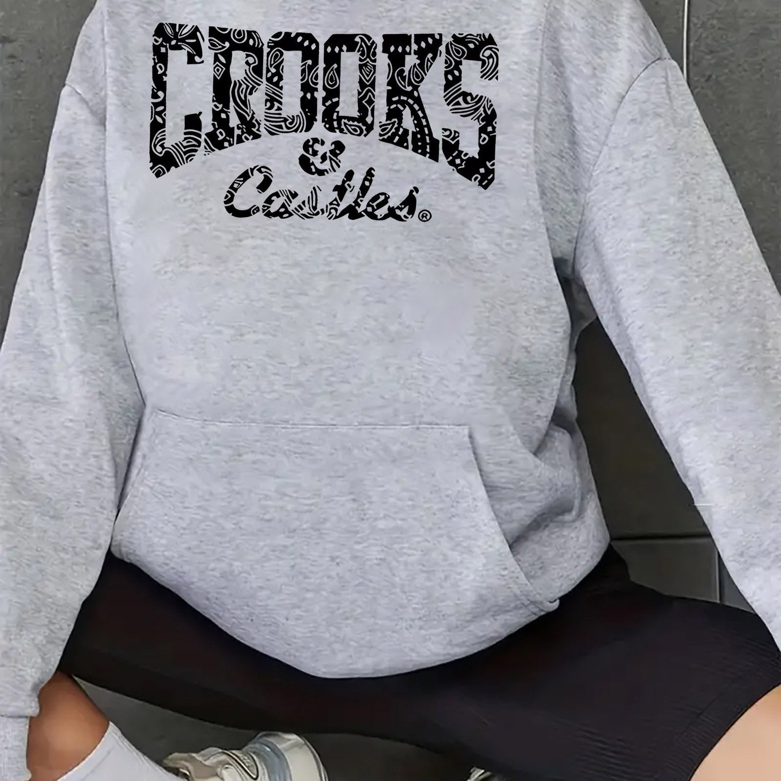 Women's Casual Sports Hoodie with Kangaroo Pocket, 100% Polyester Knit Fabric, Light Gray Heathered Texture, Bold "CROOKS & CASTLES" Letter Print, Relaxed Fit Pullover Sweatshirt for All Seasons