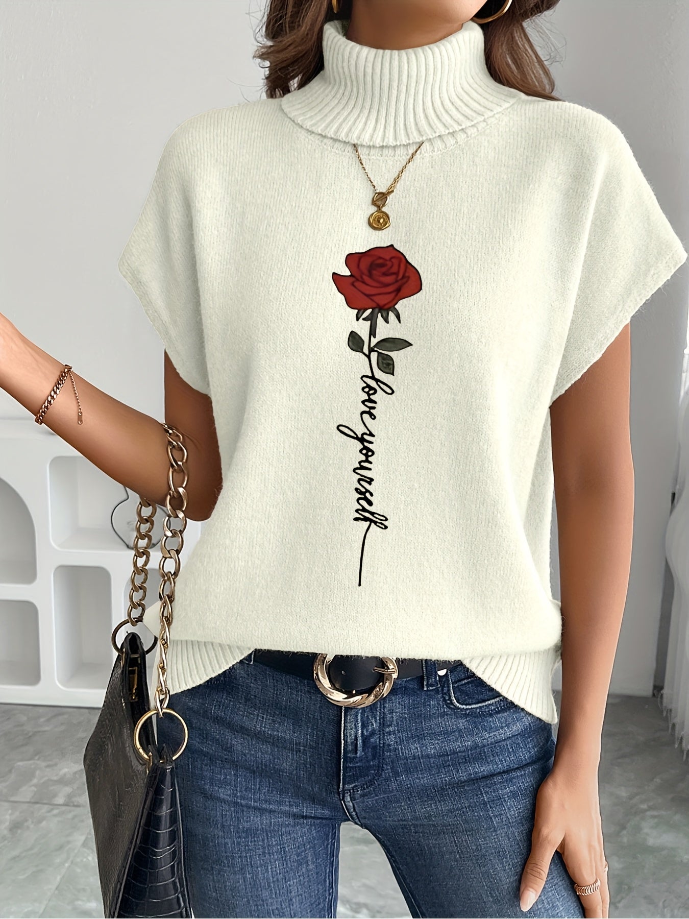 Women's Casual Rose Print Sleeveless Knit Vest - Elegant Beige Sweater with High Neckline and Stretchy Fabric, Perfect for Spring/Summer/Fall