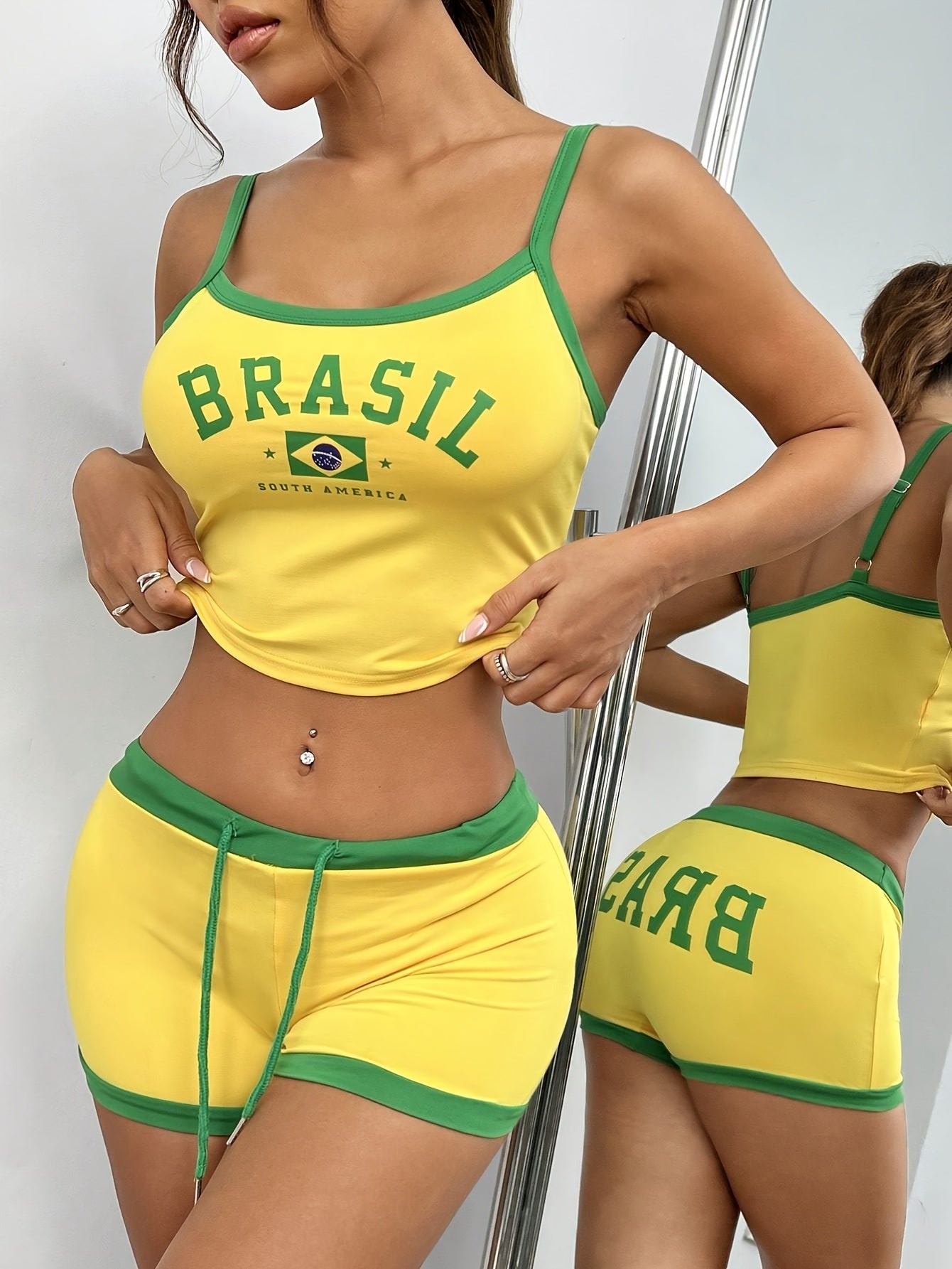 [Contrast Trim] Women's Casual Shorts Set - Letter & Brazil Flag Print Crew Neck Cami Top & Drawstring Waist Slim Shorts