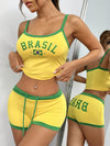 [Contrast Trim] Women's Casual Shorts Set - Letter & Brazil Flag Print Crew Neck Cami Top & Drawstring Waist Slim Shorts