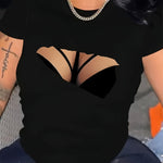 Women's Sexy Hollow-Out Geometric Pattern Casual Short Sleeve T-Shirt - Black Round Neck Regular Fit Machine Washable Spring Summer Fashion Top, Ladies T Shirts, Durable Digital Print