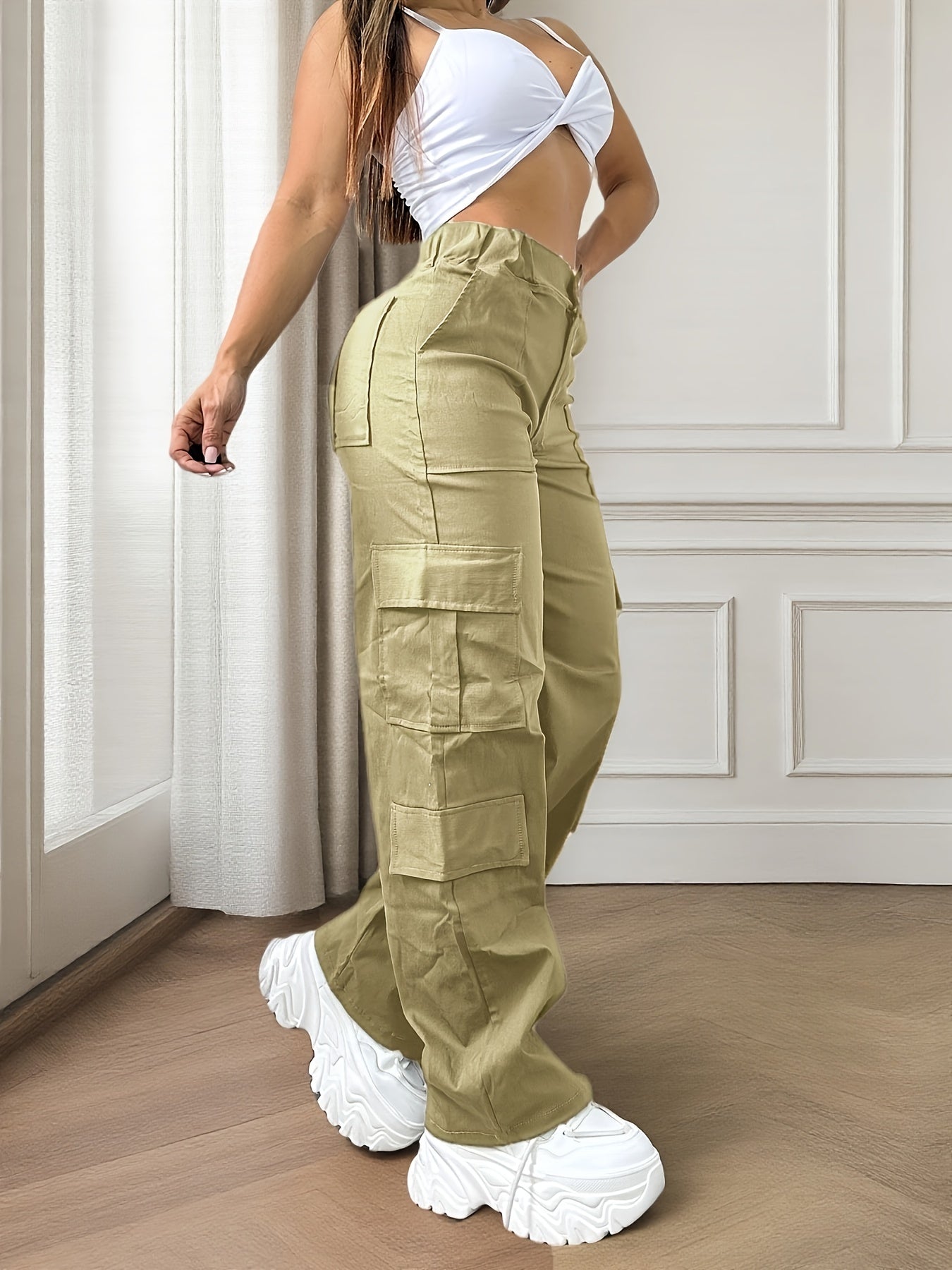 Women's Olive Green Cargo Pants with Multi-Pocket Design - Casual Flap Pockets, High Waist, Wide Leg, Street Style for Casual Attire