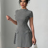 Chic Houndstooth Party Dress - Short Sleeve, Cinched Waist, Mock Neck with Faux Pockets, Black & White Pattern, A-Line Silhouette, Perfect for Summer Gatherings, Summer Party Dress | Fitted Waist Dress | Short Sleeve Dress, E