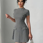 Chic Houndstooth Party Dress - Short Sleeve, Cinched Waist, Mock Neck with Faux Pockets, Black & White Pattern, A-Line Silhouette, Perfect for Summer Gatherings, Summer Party Dress | Fitted Waist Dress | Short Sleeve Dress, E