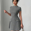 Chic Houndstooth Party Dress - Short Sleeve, Cinched Waist, Mock Neck with Faux Pockets, Black & White Pattern, A-Line Silhouette, Perfect for Summer Gatherings, Summer Party Dress | Fitted Waist Dress | Short Sleeve Dress, E