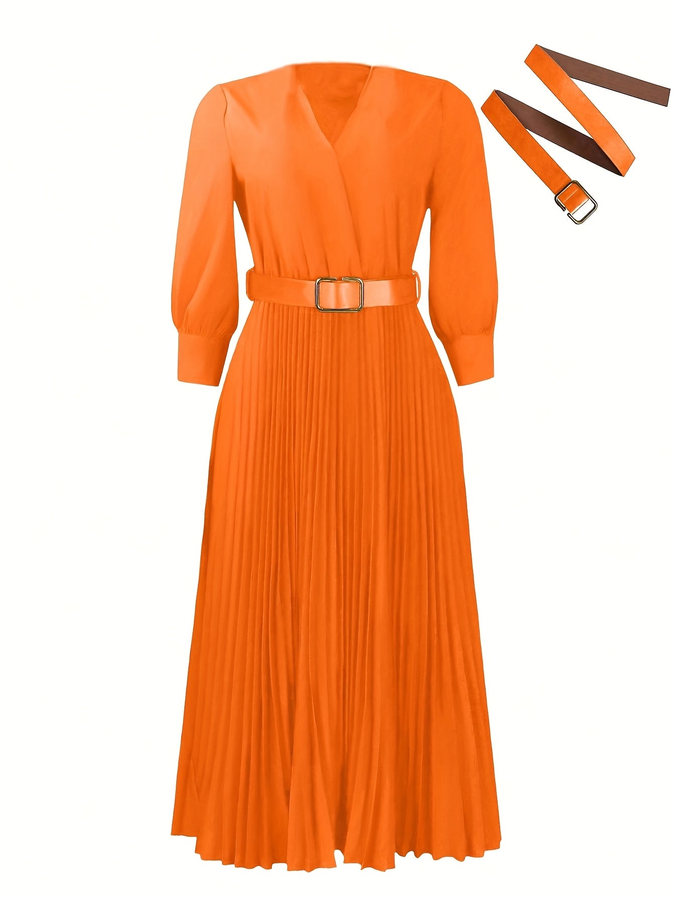 Elegant V-Neck Pleated Midi Dress with Belt for Women - Chic Long Sleeve, Cinched Waist, Ribbed Texture, Perfect for Spring & Fall Formal Event