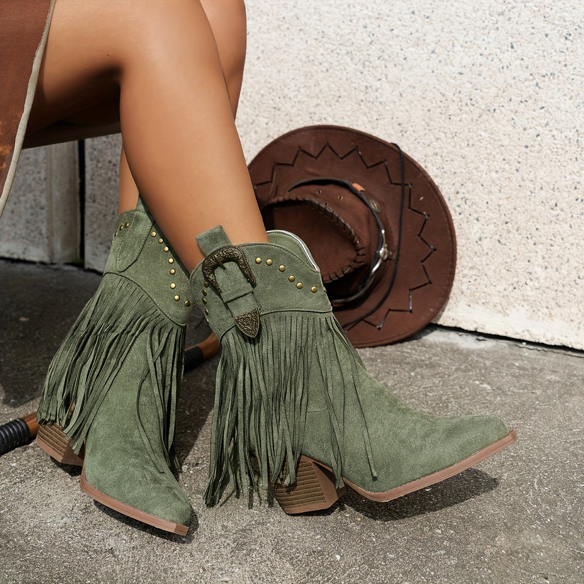 Chic Women's Mid-Calf Western Cowboy Boots with Tassel & Studded Details, Pointed Toe, Chunky Heel - Slip-On Casual Style