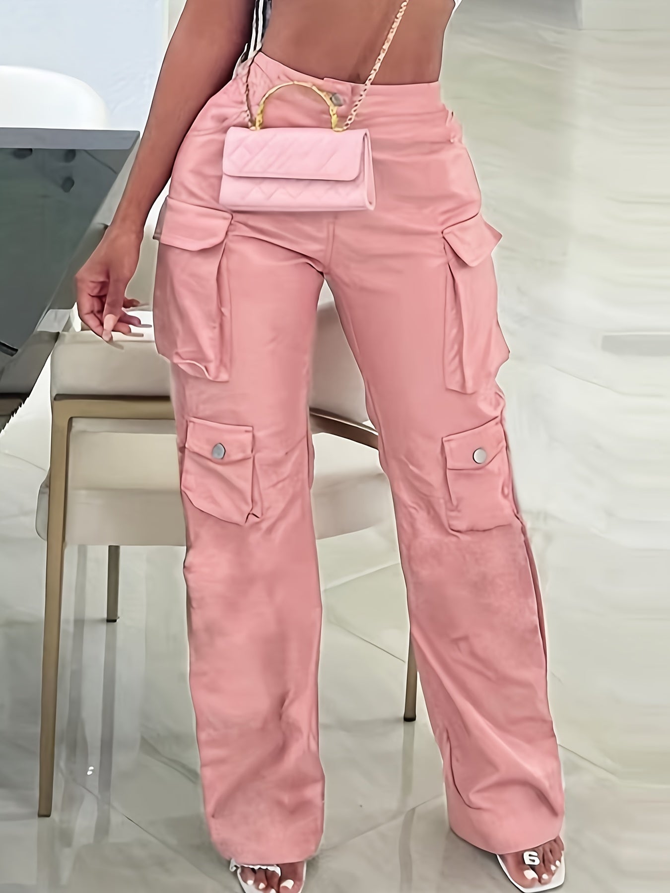 Women's High-Waisted Cargo Pants with Multiple Pockets - Casual Streetwear Trousers, All-Season Machine Washable Solid Color for Urban Fashion & Casual Attire