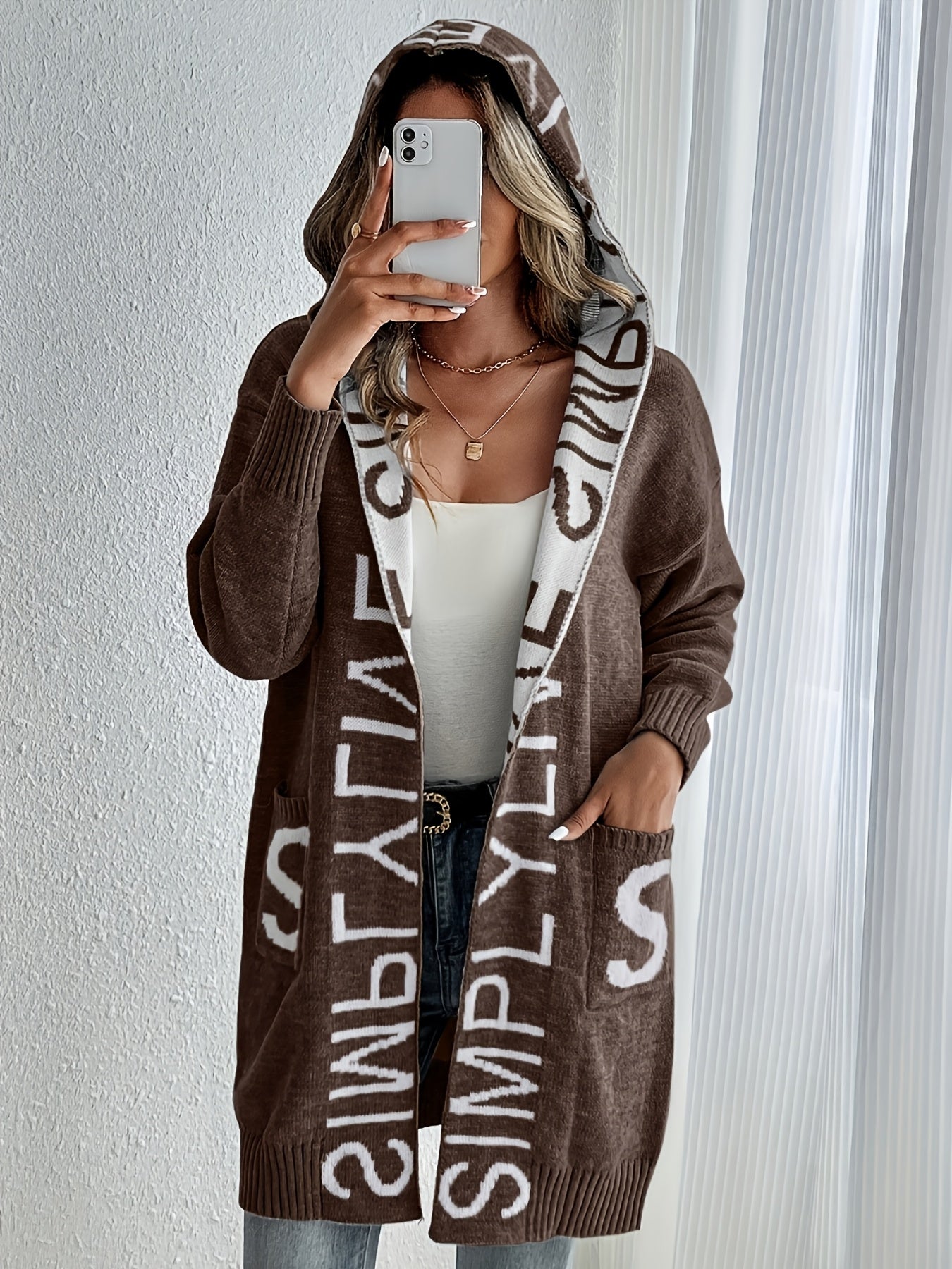 Women's Letter Print Open Front Knit Cardigan - Casual Hoodie Long Sleeve - Cozy Fleece Material - For Fall & Winter - Perfect for Casual Wear & Layering - Ideal Gift for Women