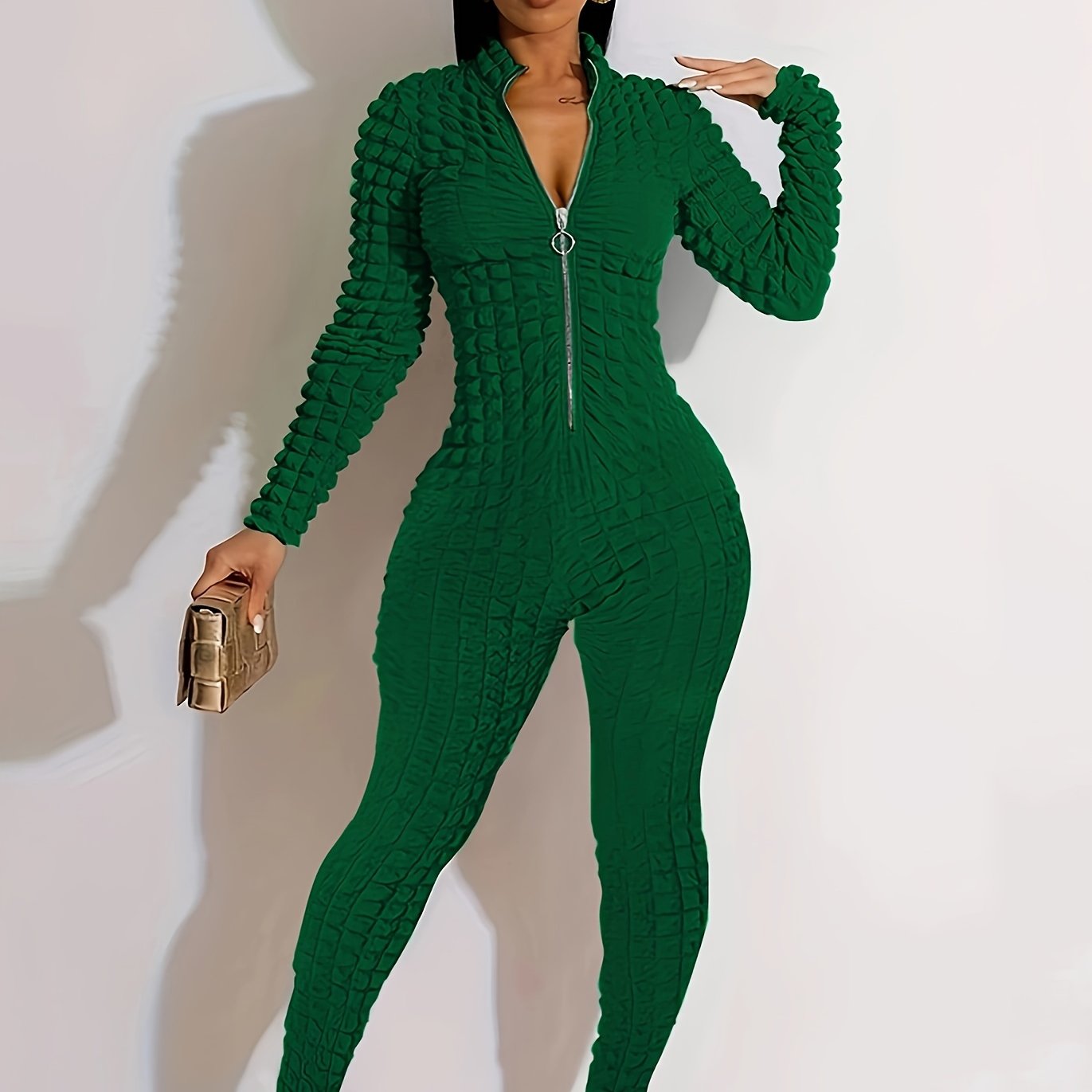 Women'S Solid Color Popcorn Jumpsuit, Polyester 95% Spandex 5% Long Sleeve Crew Neck Knit Fabric, Chain Detail, Regular Sleeve, Spring/Fall Season, 250g/m² Fabric Weight