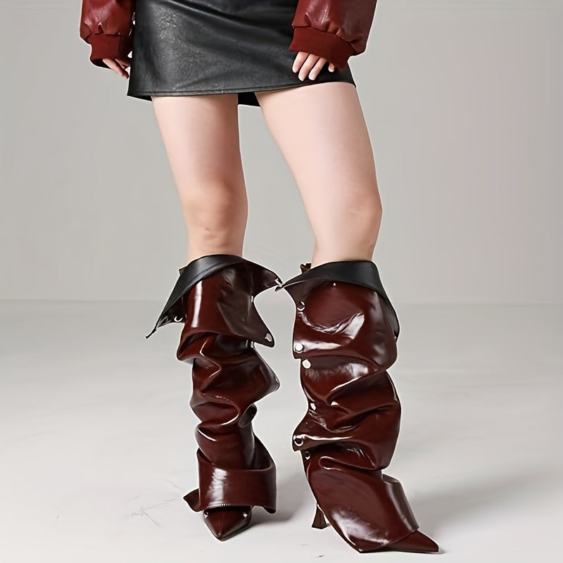 Women's Sexy Metallic Ruched Slouchy Knee-High Boots with Pointed Toe & Detachable Design - Stiletto Heel, Zipper, PU Cover & Rubber Sole for Dates, Casual Outings, High Heel Boots