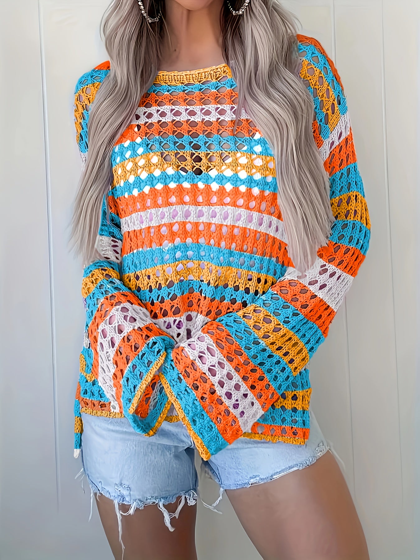 Women's Bohemian One-Shoulder Crochet Cover-Up - Lightweight Lace- Beach Top with Color-Block Design, Short Front & Long Back, Multi-Color Pastel Shades for Spring/Summer Vacation Poolside Casual Wear, Curve Beachwear