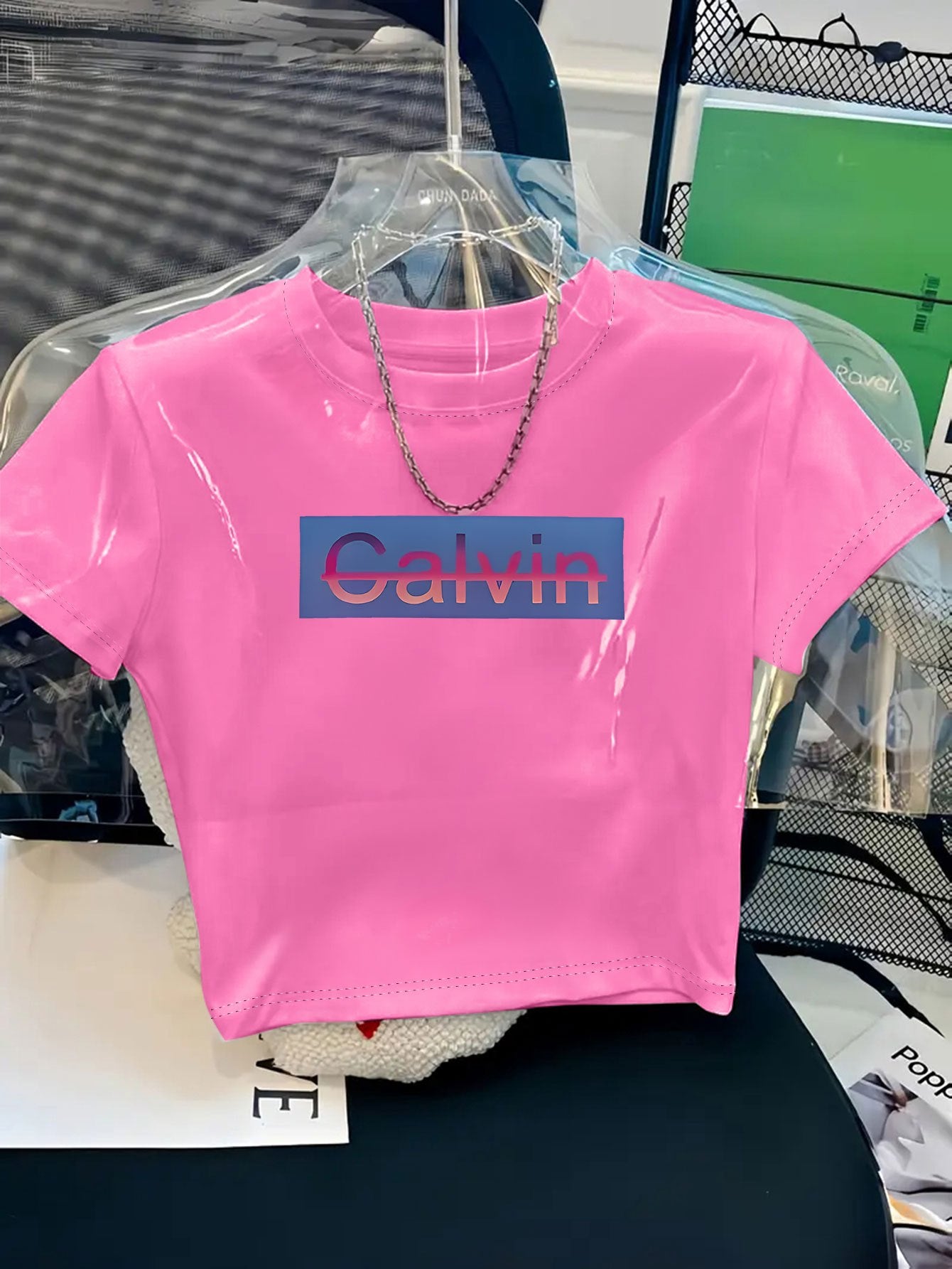 Women's Y2K Style Cropped T-Shirt with Bold CALVIN Monogram Print - Vibrant Red & Blue Lettering, Soft Comfortable Fabric, Machine Washable, Versatile Casual & Dressy Outfits