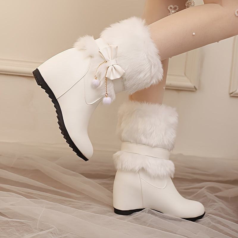 Women's Autumn and Winter Fashion Elegant Sweet College Princess Bow Artificial Ball Tassel One-Shoulder Boots, Mary Jane Solid Color Fluffy Faux Fur Wedge Heels, Multifunctional Outdoor Casual Comfortable Warm High Heel Shoe