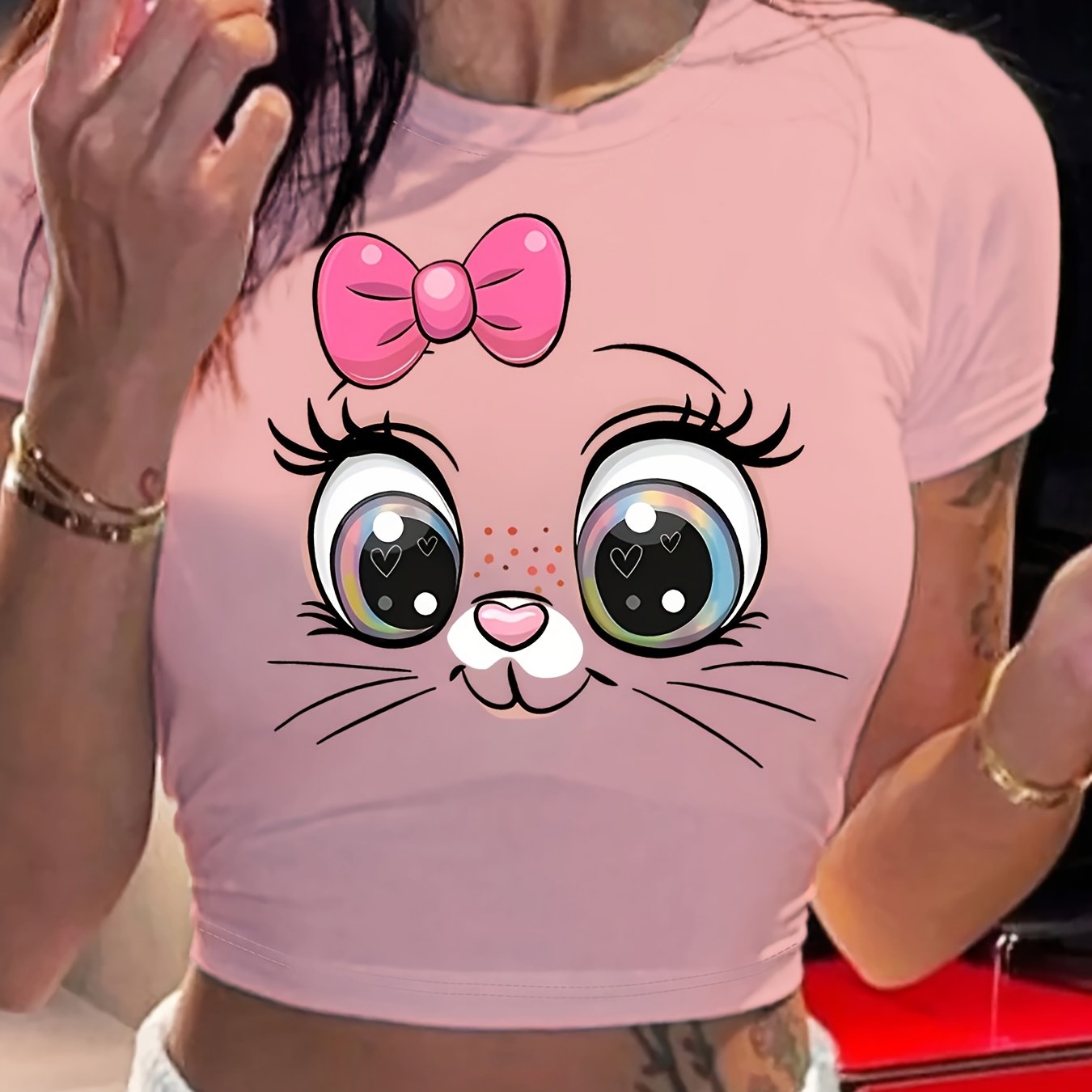 Cartoon Rabbit Graphic Print Cropped Top T-Shirt - Y2K Round Neck Fitted Cropped T-Shirt Made of a Polyester And Spandex Blend (95% Polyester, 5% Spandex) for Spring And Summer.
