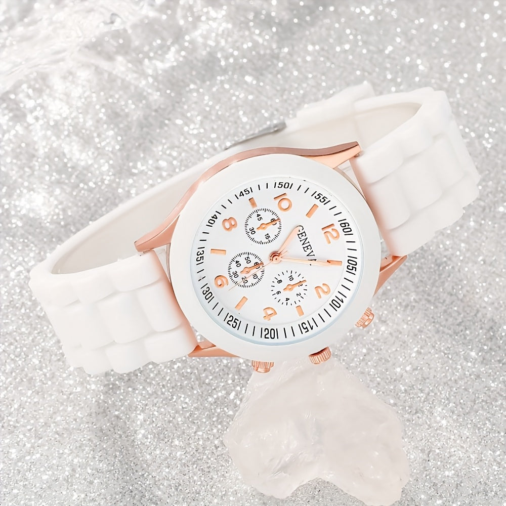 5pcs Fashion Women's Quartz Watch & Beaded Bracelet Set - Elegant White with Rose Golden Accents, Silicone Strap, Zinc Alloy Case, Non-Rechargeable Button Battery - Ideal for Valentine's, Birthdays, Easter, Graduation, Christ