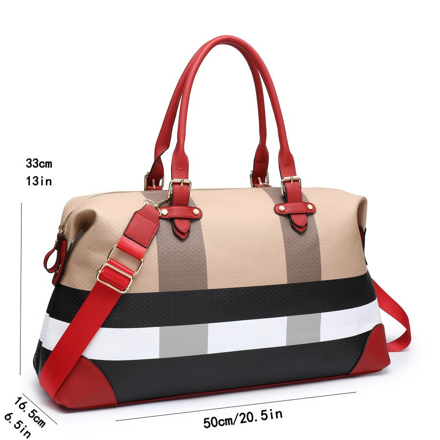 PU leather large overnight travel bag striped pattern handbag carry-on luggage bag suitable for vacation, overnight, camping, hiking, sports and fitness