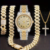 4pcs Men's Hip Hop Bling Set: Golden-Tone Quartz Watch with Rhinestone Bezel, 14mm Cuban Chain Necklace & Bracelet, Cross Pendant - Luxurious Jewelry Gift