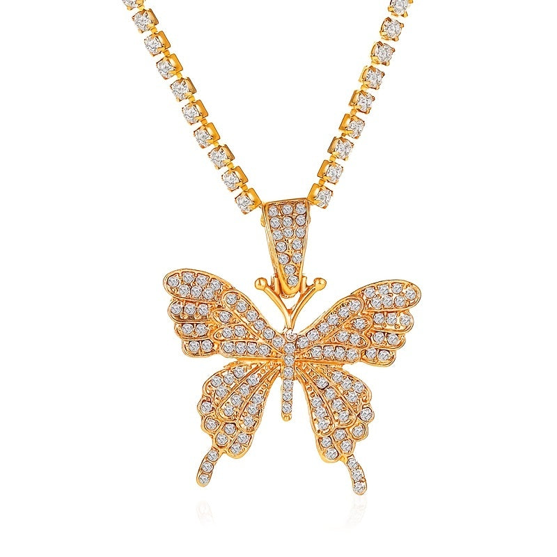 Women's Elegant 18K Gold Plated Cuban Link Butterfly Pendant Necklace - Sparkling Rhinestones, Synthetic Stones, Alloy Jewelry | Perfect for Mardi Gras Day, Weddings, Parties | Cascading Design, Holiday Theme, February Births