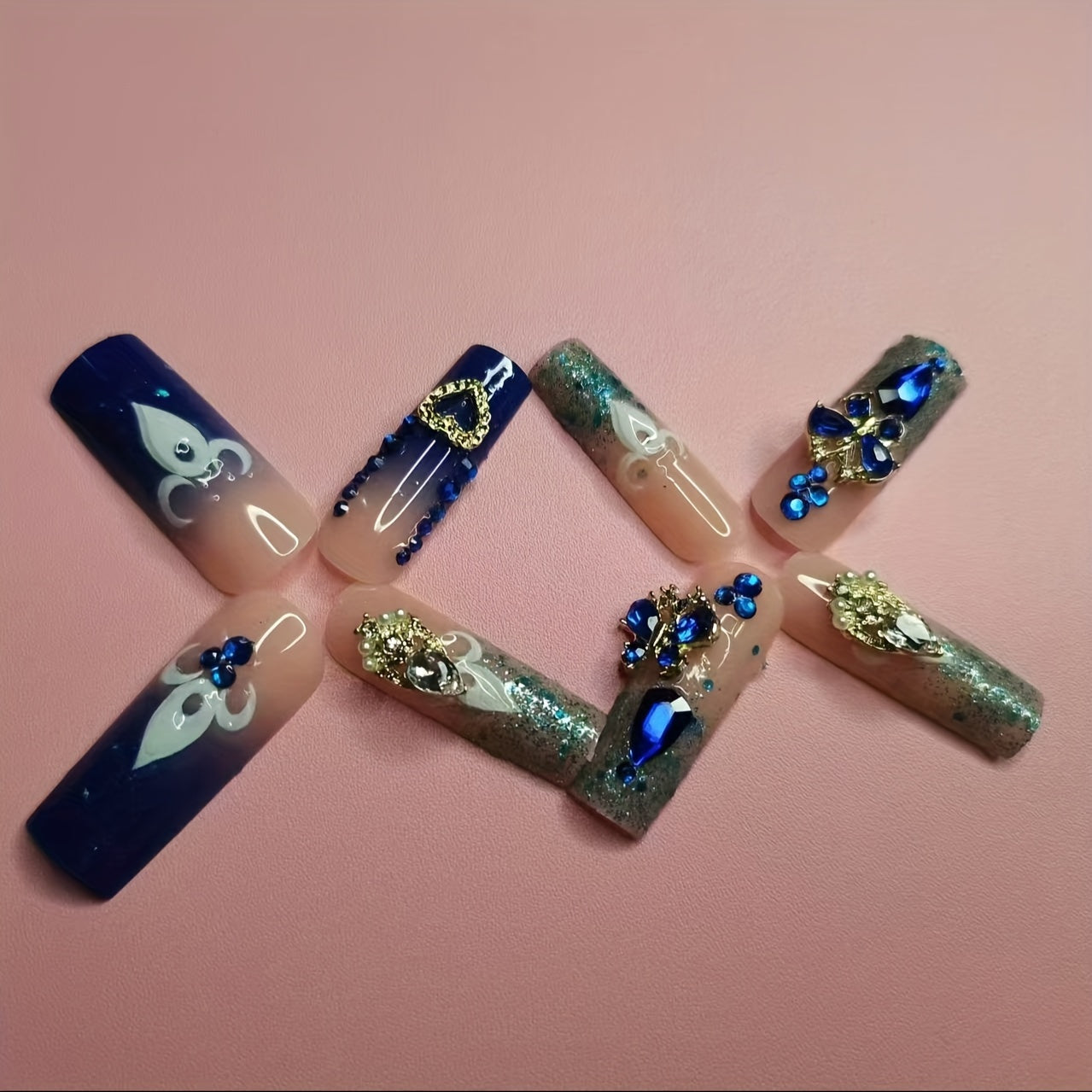 24pcs Luxe Blue Gradient 3D Press-On Nails with Rhinestones, Pearls & Golden Accents - Long Square Shape, Glamorous Heart & Floral Design for Elegant Manicures, Nail Art
